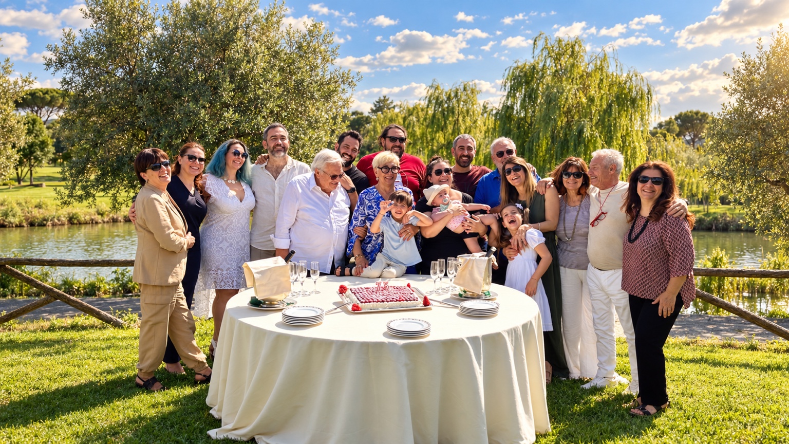 Famiglia riunita intorno alla torta per una festa in giardino accanto al lago